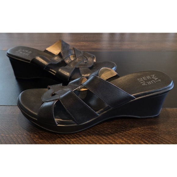 Naturalizer Shoes - Naturalizer Violet Wedge Sandals Black Leather Slides Heels Slip on Shoes 11 M‎